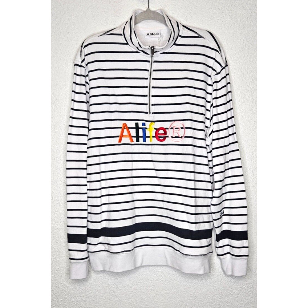 Alife Mens Half Zip Pullover Sweatshirt XL White Black Striped Funnel Neck Retro